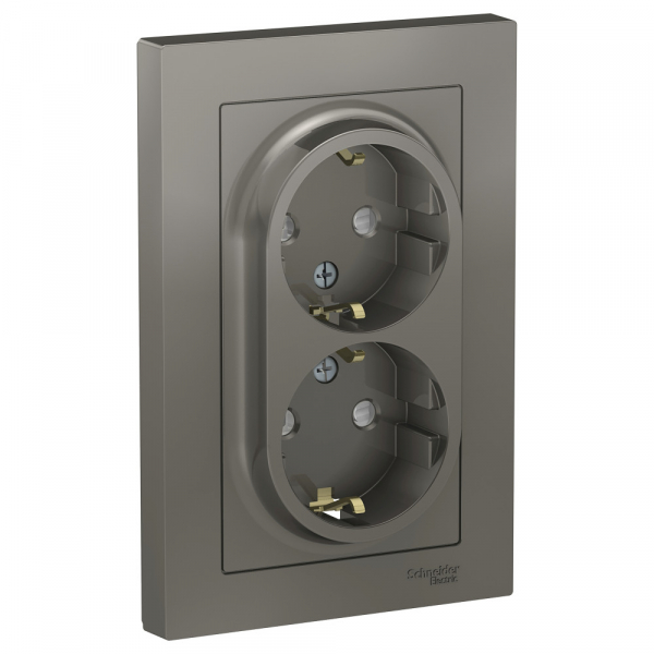 Systeme Electric AtlasDesign Сталь Розетка с/з двойная, со шторками, 16А, в сборе
