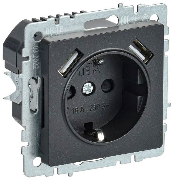 IEK BRITE BASE Черный Розетка с з/к/ш 16А с USB A+A 2,1А РЮш10-1-БрЧ