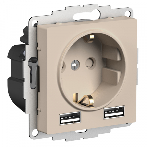 Systeme Electric AtlasDesign Песочный Розетка 16А c 2 USB A+A, 5В/2,4А, 2х5В/1,2А, механизм