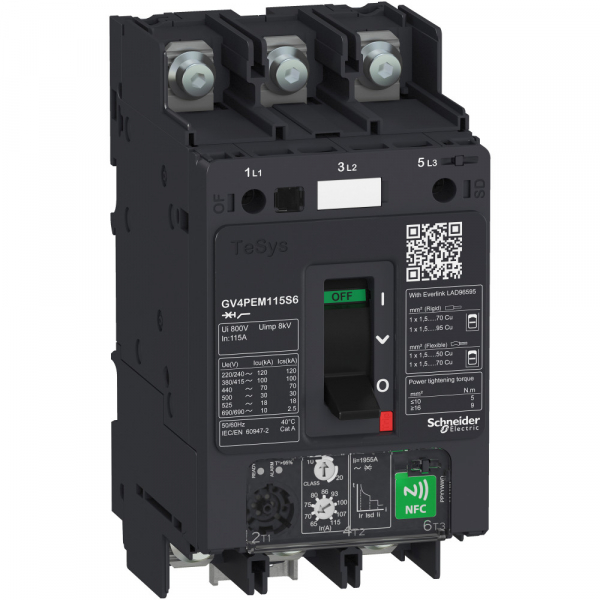 Schneider Electric Автоматический выключатель GV4PE с многофункциональным NFC расцепителем 2A 100kA зажим под кольцевой наконечник