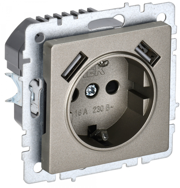 IEK BRITE BASE Шампань Розетка с з/к/ш 16А с USB A+A 2,1А РЮш10-1-БрШ