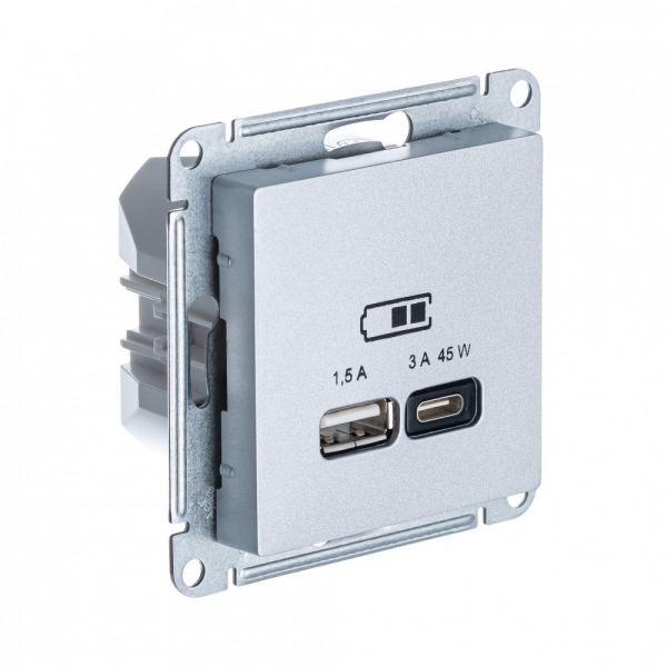 Systeme Electric AtlasDesign Алюминий USB Розетка A + тип-C 45W высокоскор.заряд. QC,PD, мех.