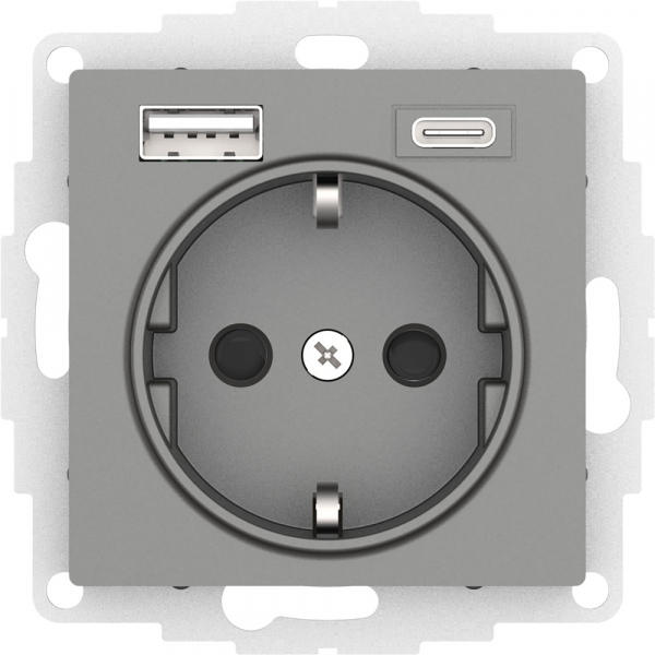 Systeme Electric AtlasDesign Сталь Розетка 16А с USB A+C (5В/2,4А/3 А, 2х5В/1,5А), мех