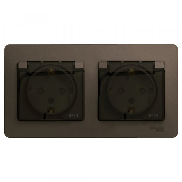 Systeme Electric Glossa Шоколад Розетка 2-ая с/з, со шторками, в сборе, IP44