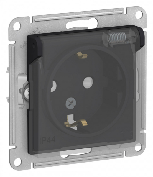 Systeme Electric AtlasDesign Aqua Карбон Розетка с/з со шторками, с крышкой, 16А, IP44, механизм