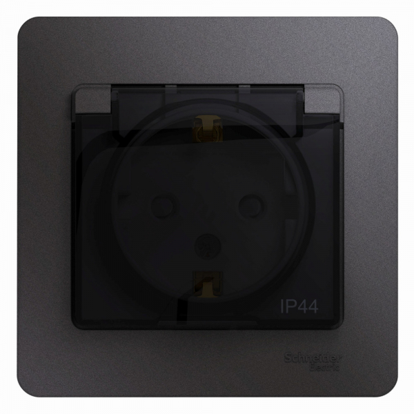 Systeme Electric Glossa Графит Розетка с/з со шторками с крышкой IP44 (в сборе)