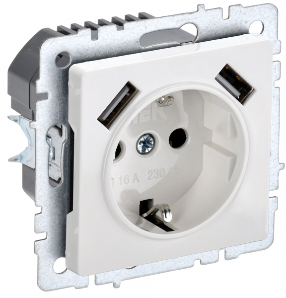IEK BRITE BASE Белый Розетка с з/к/ш 16А с USB A+A 3,1А РЮш10-2-БрБ