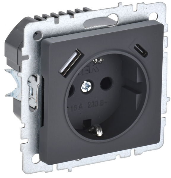 IEK BRITE BASE Графит Розетка с з/к/ш 16А с USB A+C 18Вт РЮш11-1-БрГ