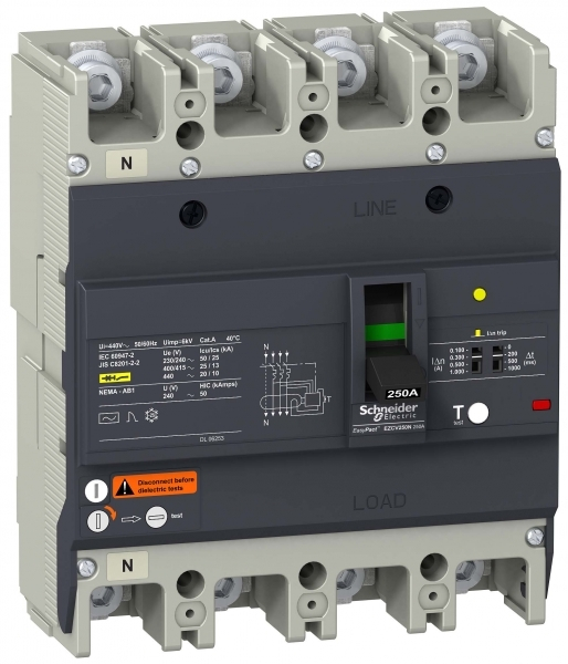Schneider Electric EasyPact EZC Автоматический выключатель с дифференциальной защитой 25кA 415В 4P3Т 100A