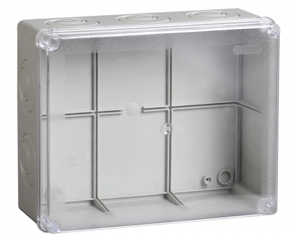 IEK Коробка КМ41275 распаячная для о/п 240х195х90 мм IP44 (RAL7035, прозр. кр., кабельные вводы 5 шт)