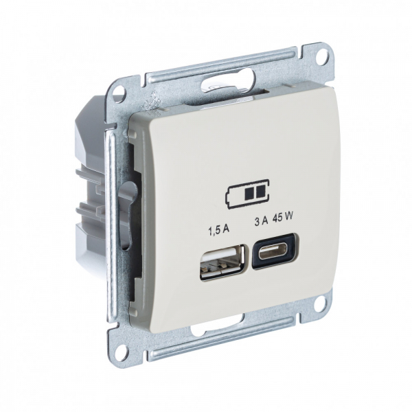 Systeme Electric Glossa Молочный USB Розетка A + тип-C 45W высокоскор.заряд. QC, PD, мех.