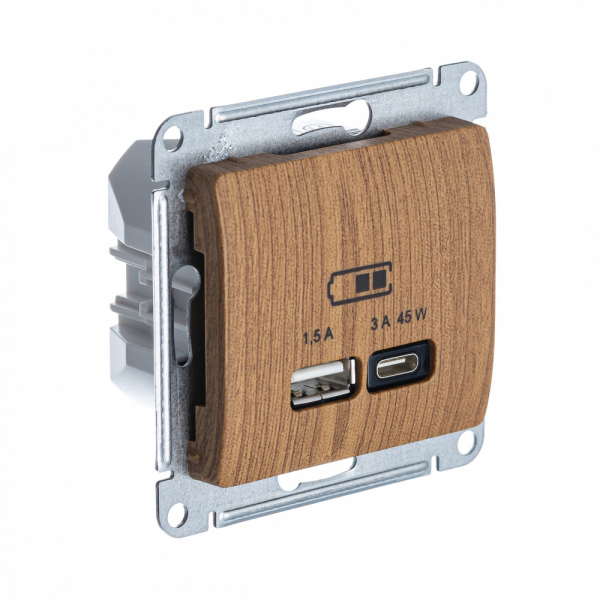 Systeme Electric Glossa Дерево Дуб USB Розетка A + тип-C 45W высокоскор.заряд. QC, PD, мех.