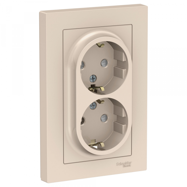 Systeme Electric AtlasDesign Беж Розетка с/з двойная, со шторками, 16А, в сборе
