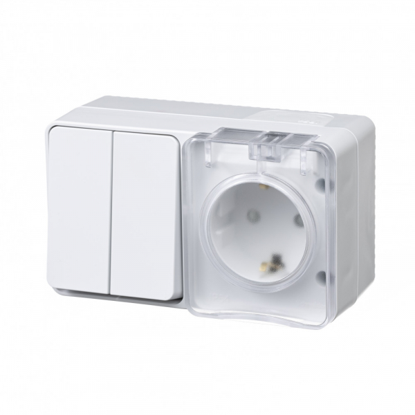 Systeme Electric AtlasDesign Profi54 Наруж Белый Блок: Розетка с/з со шт. + выключатель 2-клавишный 10А IP54
