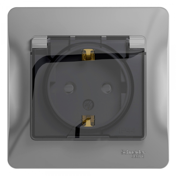 Systeme Electric Glossa Алюминий Розетка с/з со шторками с крышкой, IP44 (в сборе с рамкой)