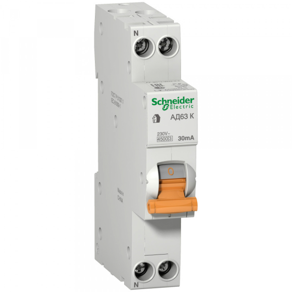 Schneider Electric Домовой АД63 Дифференциальный автоматический выключатель К 32A 30мА 1П+Н 4,5кА C АС, 18 мм