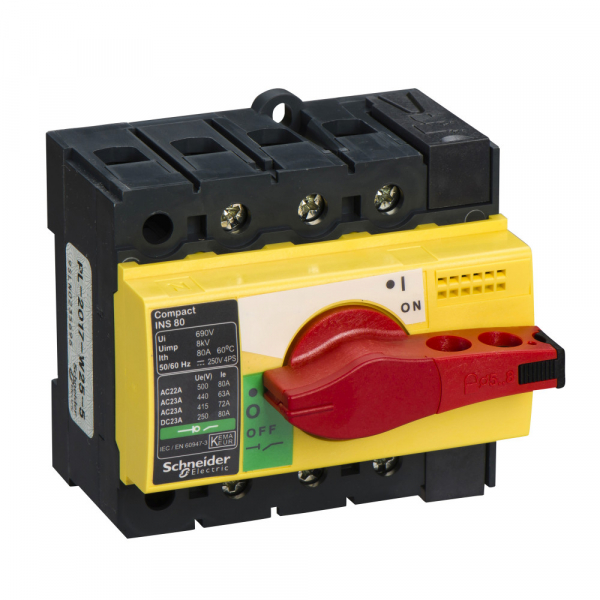 Schneider Electric Compact INS/INV Выключатель-разъединитель INS80 3P красная рукоятка/желтая панель
