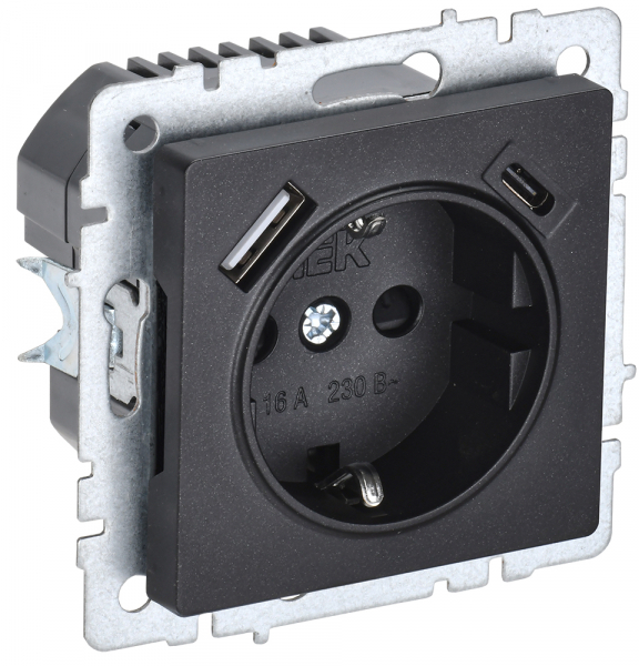 IEK BRITE BASE Черный Розетка с з/к/ш 16А с USB A+C 18Вт РЮш11-1-БрЧ