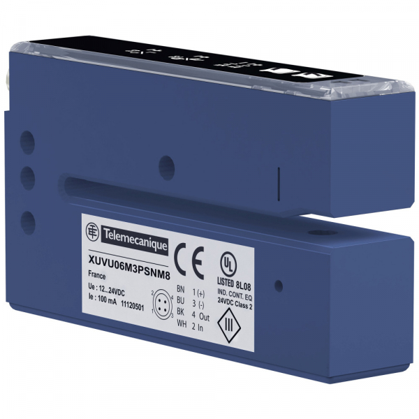 Schneider Electric Датчик ультразвуковой вилочного типа, 12-24 VDC, коннектор М8, 60х3 ММ, PNP/NPN, НО/НЗ (XUVU06M3KSNM8)