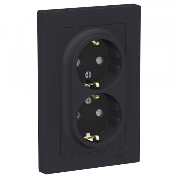 Systeme Electric AtlasDesign Карбон Розетка с/з двойная, со шторками, 16А, в сборе
