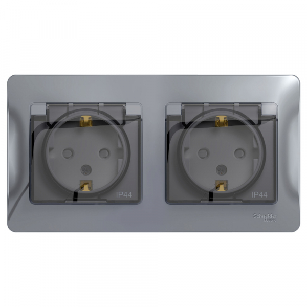 Systeme Electric Glossa Алюминий Розетка 2-ая с/з, со шторками, в сборе, IP44