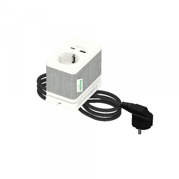 Schneider Electric US+Блок розеточный с зажимом, с 1 розеткой (2К+З) и 2 зарядками USB (A+C) БЕЛЫЙ