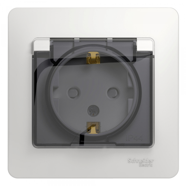Systeme Electric Glossa Бел Розетка с/з со шторками с крышкой, IP44 (в сборе с рамкой)