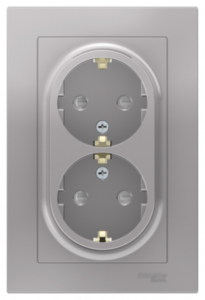 Systeme Electric AtlasDesign Алюминий Розетка с/з двойная, со шторками, 16А, в сборе