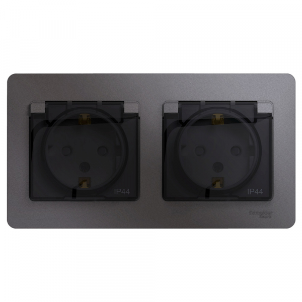 Systeme Electric Glossa Графит Розетка 2-ая с/з, со шторками, в сборе, IP44