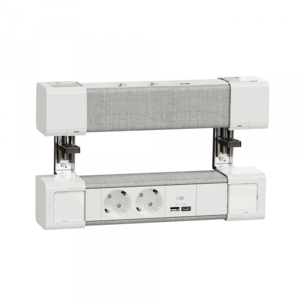Schneider Electric Unica System+ Блок двойной на струбцинах 2х(2хРоз.+2хUSB A/C) БЕЛЫЙ/СЕРАЯ ТКАНЬ