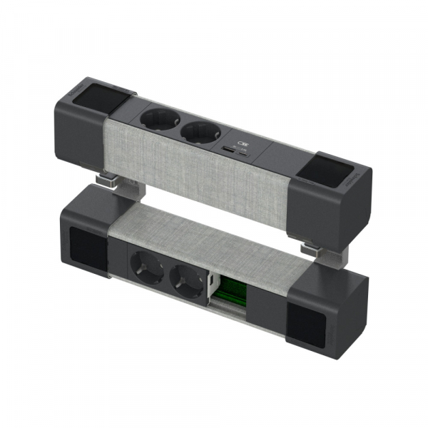 Schneider Electric US+ Блок на струбцинах Верх(2хРоз+2USB A/C) Низ(2хРоз+место д/RJ) АНТР/СЕР.ТКАНЬ