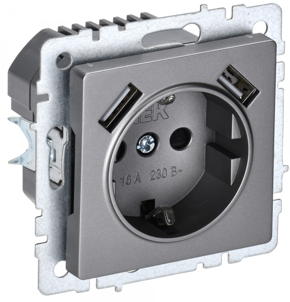 IEK BRITE BASE Сталь Розетка с з/к/ш 16А с USB A+A 2,1А РЮш10-1-БрС