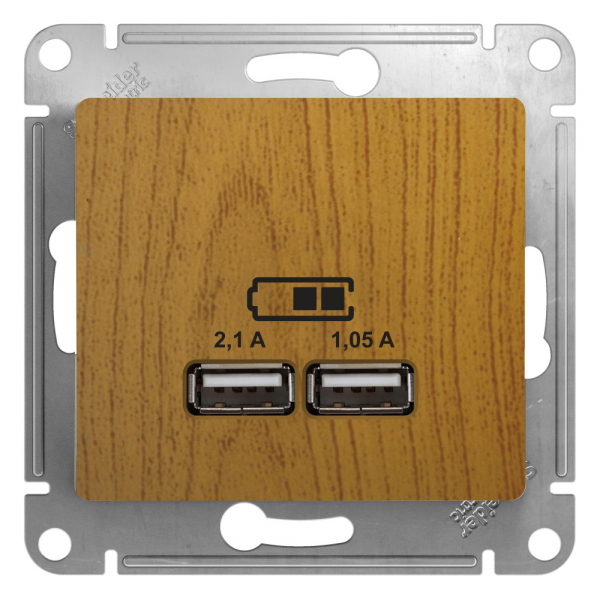Systeme Electric Glossa Дерево Дуб Розетка USB 5В/2,1А, 2х5В/1,05А