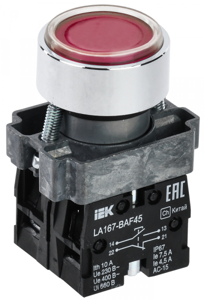 IEK Кнопка LA167-BAF45 d=22мм 1з+1р красная
