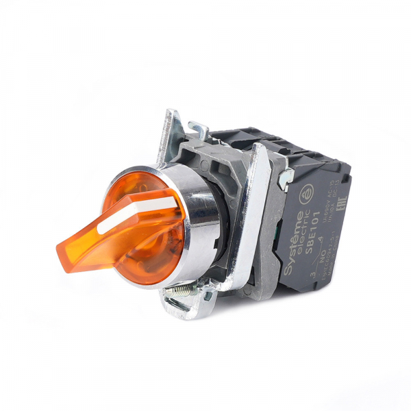 Systeme Electric Переключатель SB4 с подсветкой в сборе 22мм 3поз желт. с фикс металл 24В DC 1НО+1НЗ