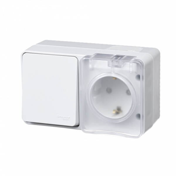 Systeme Electric AtlasDesign Profi54 Наруж Белый Блок: Розетка с/з со шт. + выключатель 1-клавишный 10А IP54