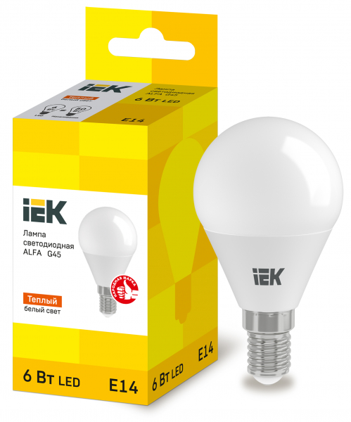 IEK Лампа LED ALFA G45 шар 6Вт 230В 3000К E14