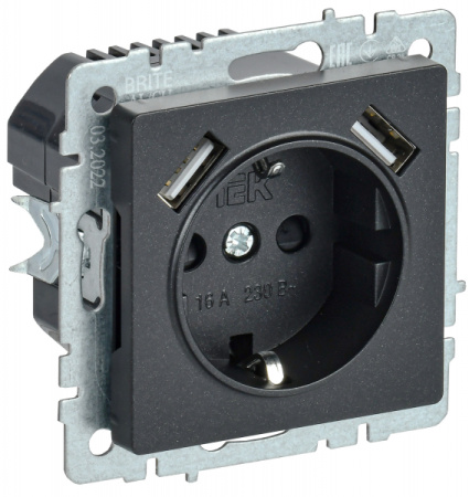 IEK BRITE BASE Черный Розетка с з/к/ш 16А с USB A+A 2,1А РЮш10-1-БрЧ