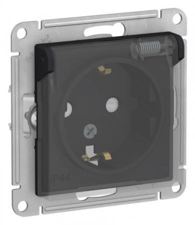 Systeme Electric AtlasDesign Aqua Карбон Розетка с/з со шторками, с крышкой, 16А, IP44, механизм