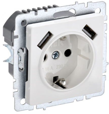IEK BRITE BASE Белый Розетка с з/к/ш 16А с USB A+A 3,1А РЮш10-2-БрБ