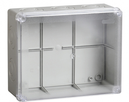 IEK Коробка КМ41275 распаячная для о/п 240х195х90 мм IP44 (RAL7035, прозр. кр., кабельные вводы 5 шт)