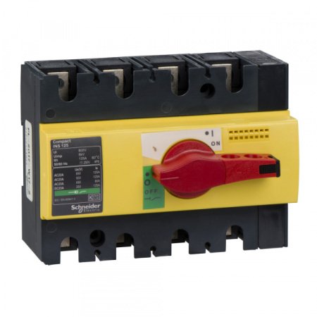 Schneider Electric Compact INS/INV Выключатель-разъединитель INS125 4P красная рукоятка/желтая панель