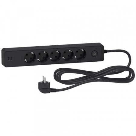 Schneider Electric Unica Extend Черный Удлинитель 5 розеток 2К+З, кабель 3м, 2 USB