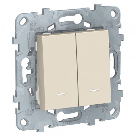 Schneider Electric Unica New Беж Выключатель 2-клавишный, 2 модуля, с подсветкой, 2 х сх.1а