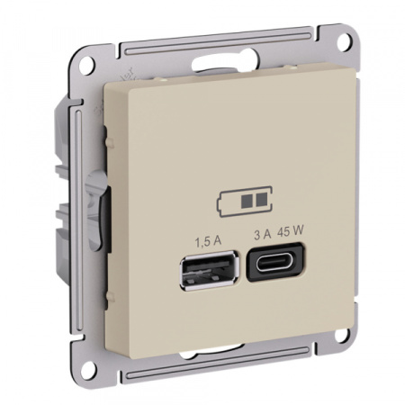 Systeme Electric AtlasDesign Песочный Розетка USB A + тип-C 45Вт высокоскор.заряд. QC,PD, механизм