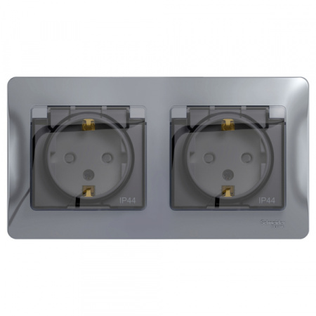 Systeme Electric Glossa Алюминий Розетка 2-ая с/з, со шторками, в сборе, IP44