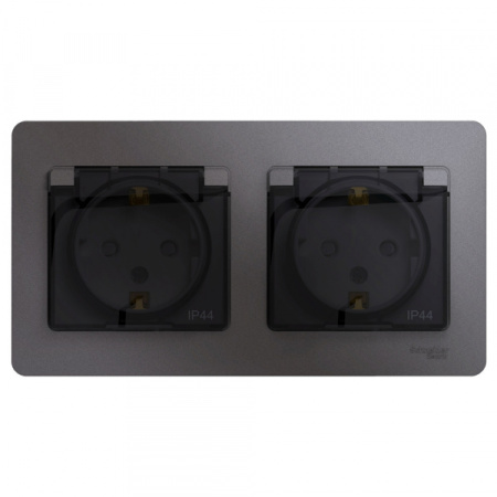 Systeme Electric Glossa Графит Розетка 2-ая с/з, со шторками, в сборе, IP44