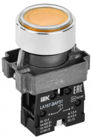 IEK Кнопка LA167-BAF51 d=22мм 1з желтая