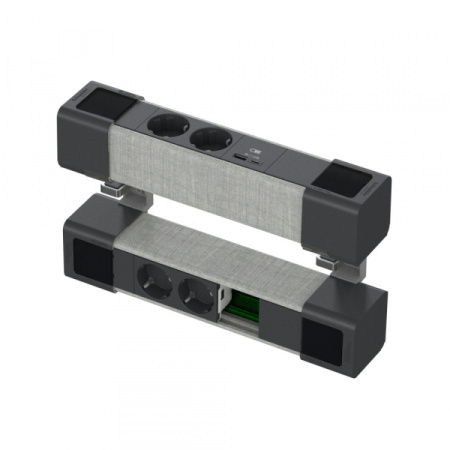 Schneider Electric US+ Блок на струбцинах Верх(2хРоз+2USB A/C) Низ(2хРоз+место д/RJ) АНТР/СЕР.ТКАНЬ